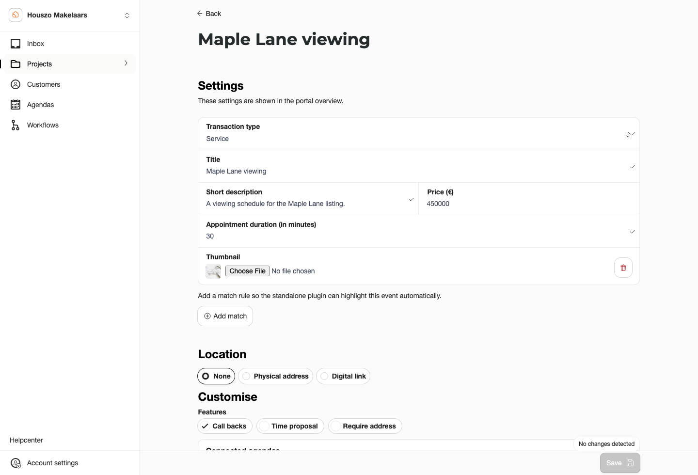 Project settings screen